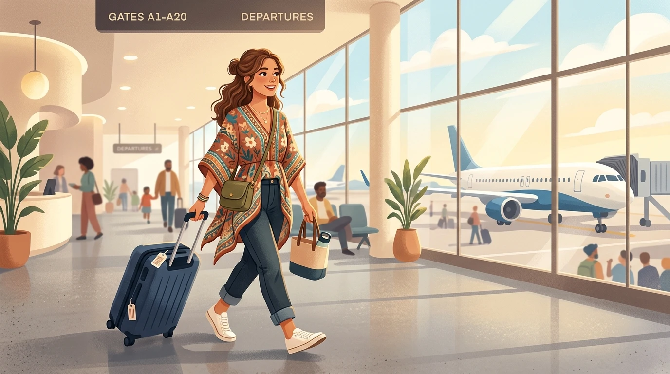 Traveler wearing a printed kaftan over jeans, pulling a suitcase through an airport terminal.