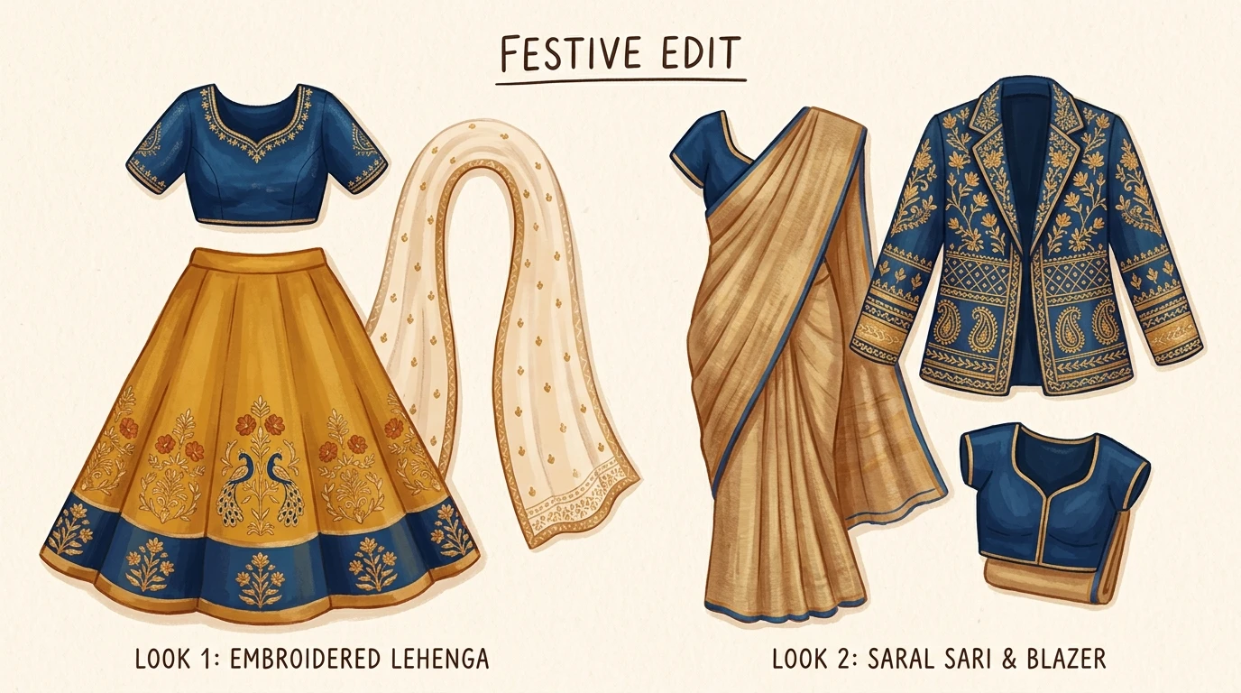 Two labeled outfits laid out: embroidered lehenga set vs draped saree with embroidered blazer.