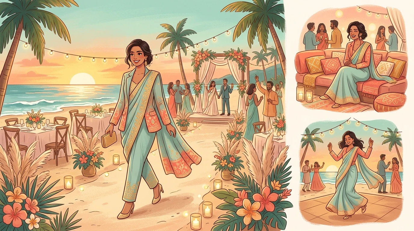 Stylish guest in saree blazer walks along beach venue, sits on sofa, dances gracefully.
