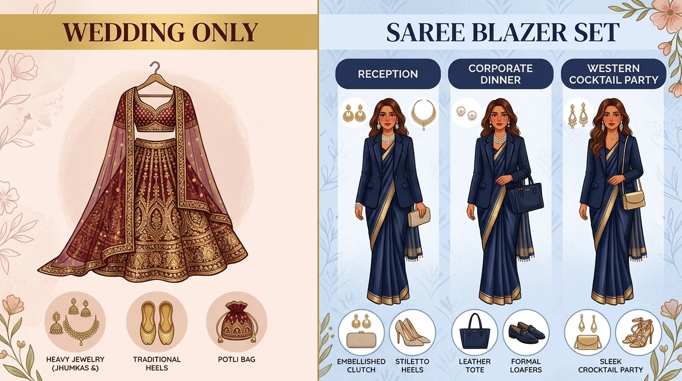 Style board split: ornate lehenga labeled wedding only; saree blazer set styled for three events.