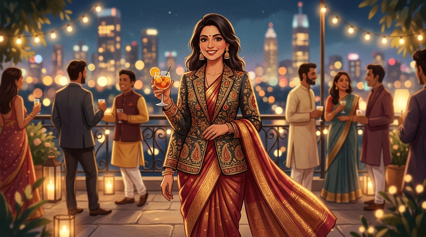 Stylish Indian woman stands on rooftop, wearing blazer over saree, hosting cocktail event.