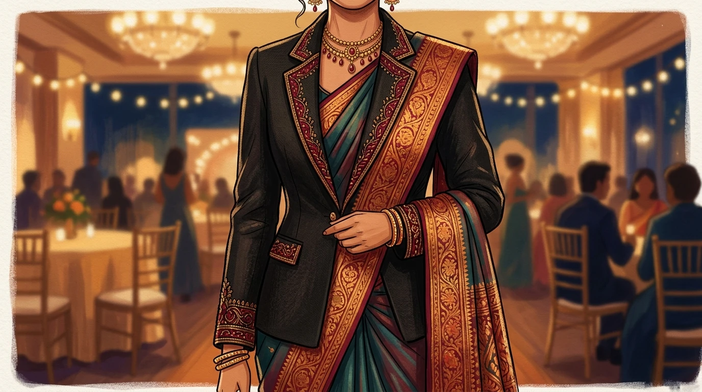 Close-up of woman wearing blazer over saree, pallu draped under blazer, embroidery on lapel.