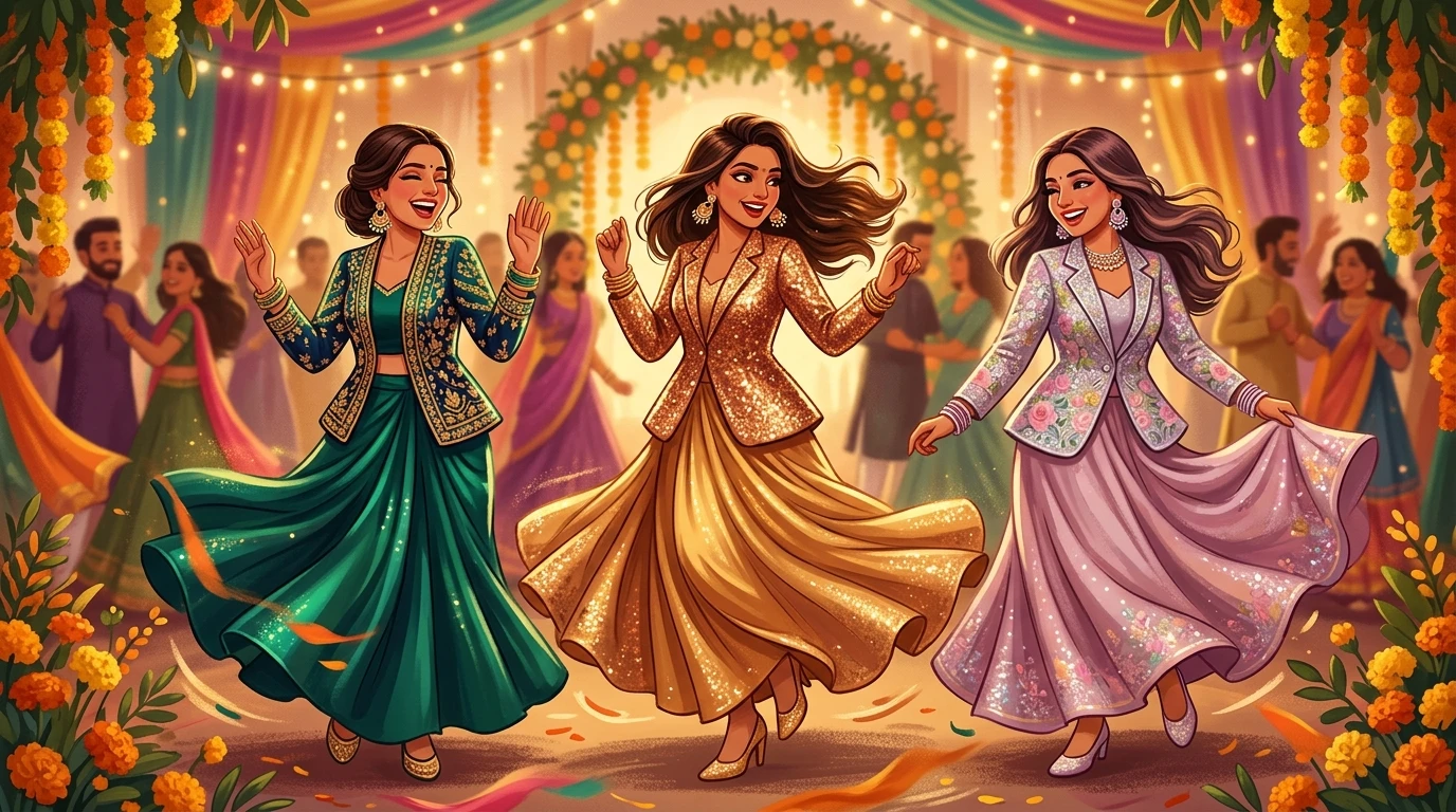 Three fashionable women dance, wearing draped skirt and blazer co-ords, skirts swirling.