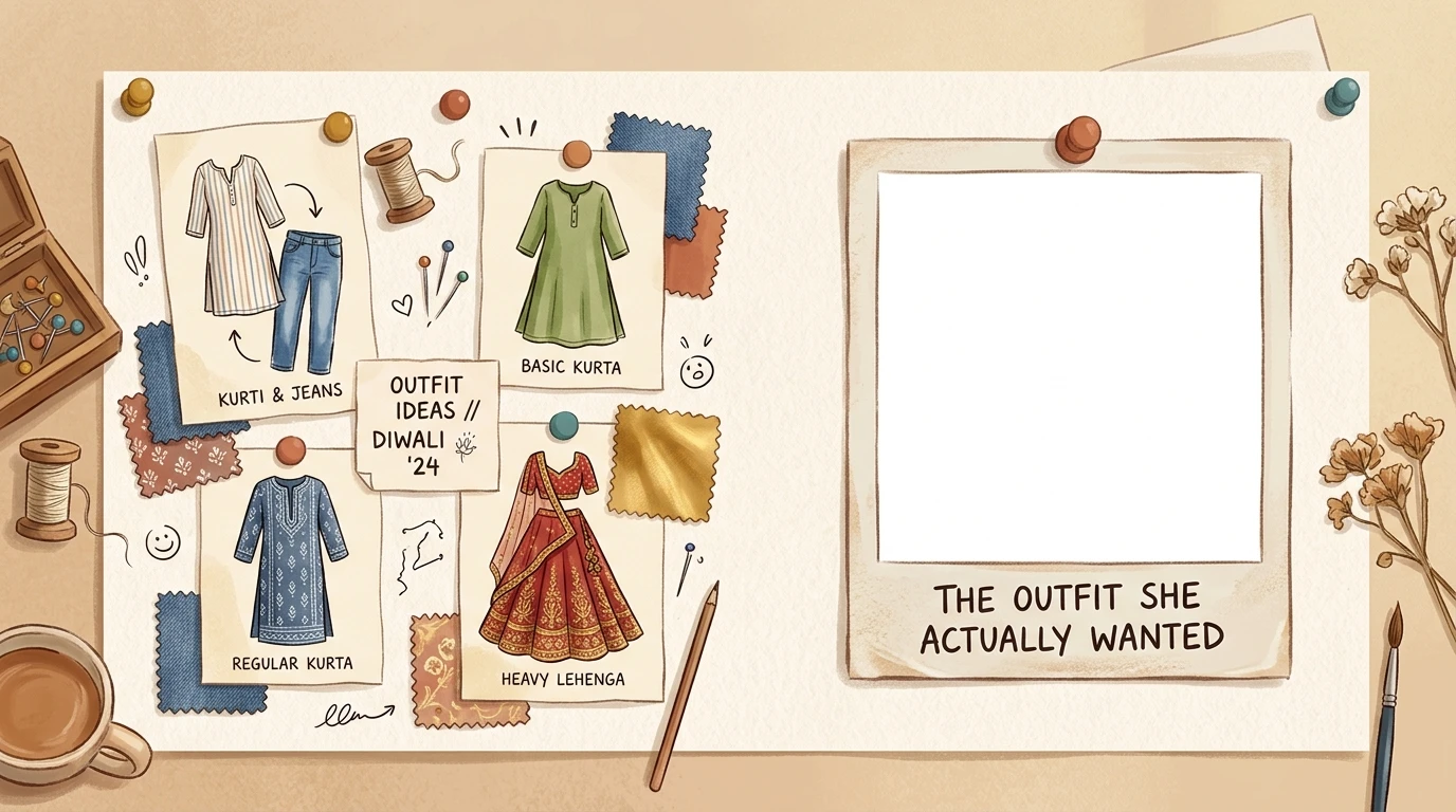 Moodboard on wall with sketches of kurtas, lehenga, jeans-kurti; blank Polaroid titled The Outfit She Actually Wanted