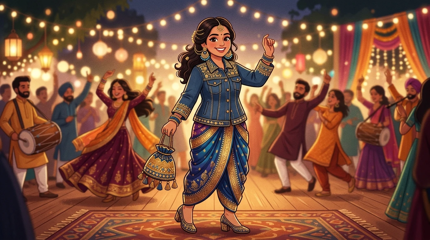 Woman performing at a sangeet in denim jacket, draped dhoti bottom, jewelry and potli bag
