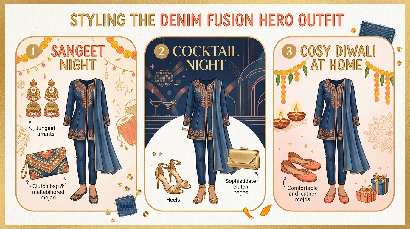 Three-panel styling grid shows denim fusion outfit for sangeet, cocktail night, and cozy Diwali.