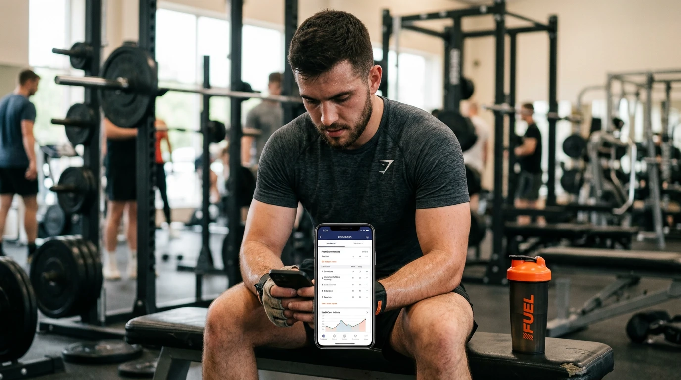 Lifter sits on bench, checks nutrition app on phone between sets; shaker bottle nearby.